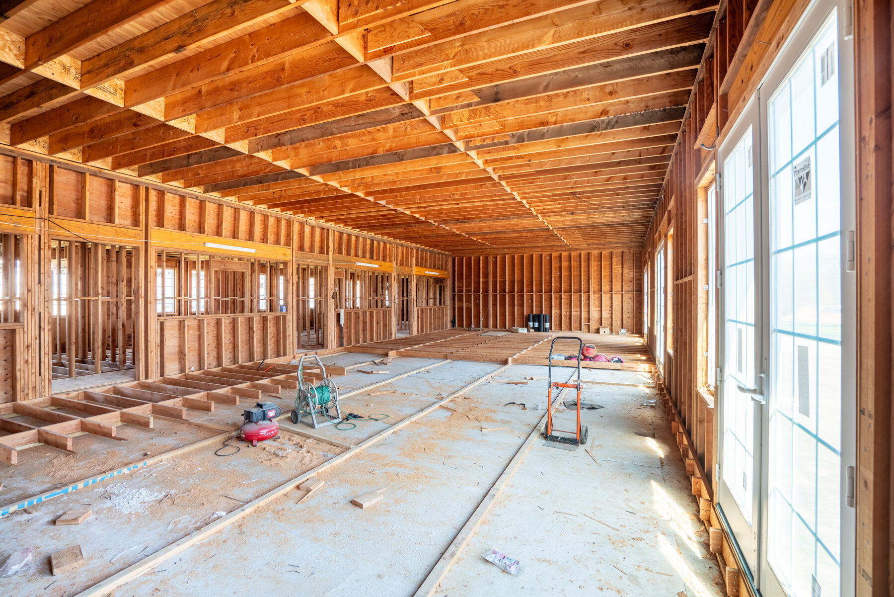Multi-use barn interior with windows at right